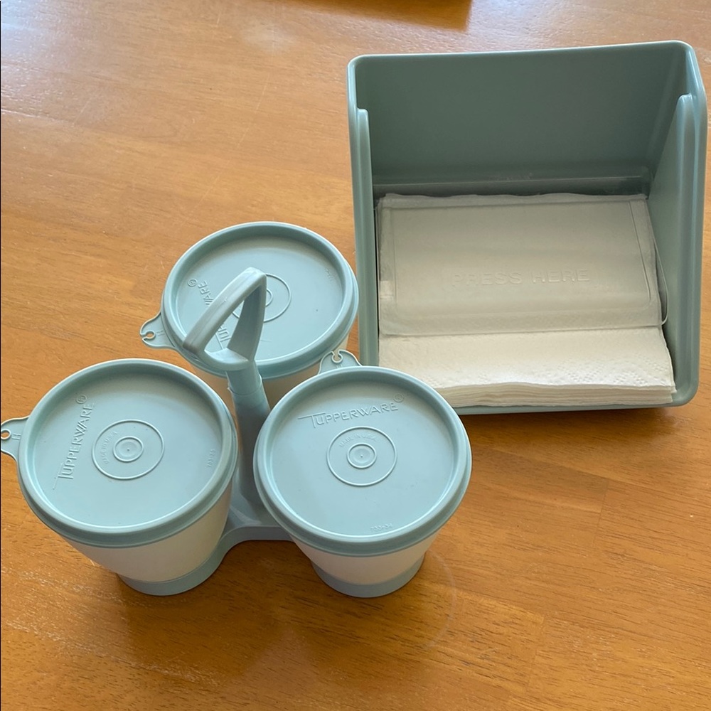 Tupperware Blue Cream Multi-Cup Condiment Set with Napkin Holder